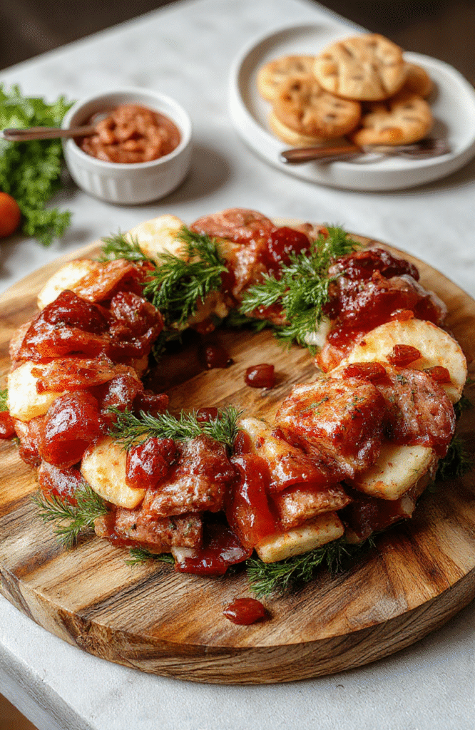 A vibrant holiday charcuterie wreath arranged on a rustic wooden platter, featuring assorted cheeses, cured meats, fresh fruits, nuts, and garnished with sprigs of rosemary and cranberries. The colorful ingredients are artfully arranged in a circular pattern, creating an inviting and festive presentation with textures ranging from creamy cheeses to crunchy nuts and juicy fruits.