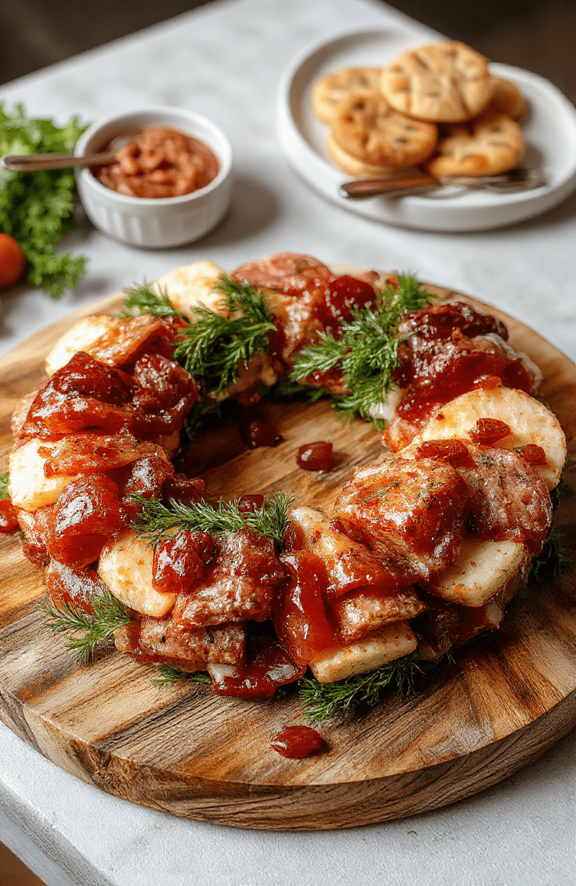 A vibrant holiday charcuterie wreath arranged on a rustic wooden platter, featuring assorted cheeses, cured meats, fresh fruits, nuts, and garnished with sprigs of rosemary and cranberries. The colorful ingredients are artfully arranged in a circular pattern, creating an inviting and festive presentation with textures ranging from creamy cheeses to crunchy nuts and juicy fruits.