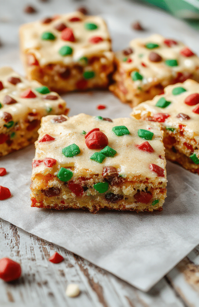 Colorful Christmas cookie bars with a glossy chocolate glaze, sprinkled with festive red and green sprinkles, arranged on a rustic wooden platter with a snowy background, showcasing textures of crunchy edges and chewy centers.