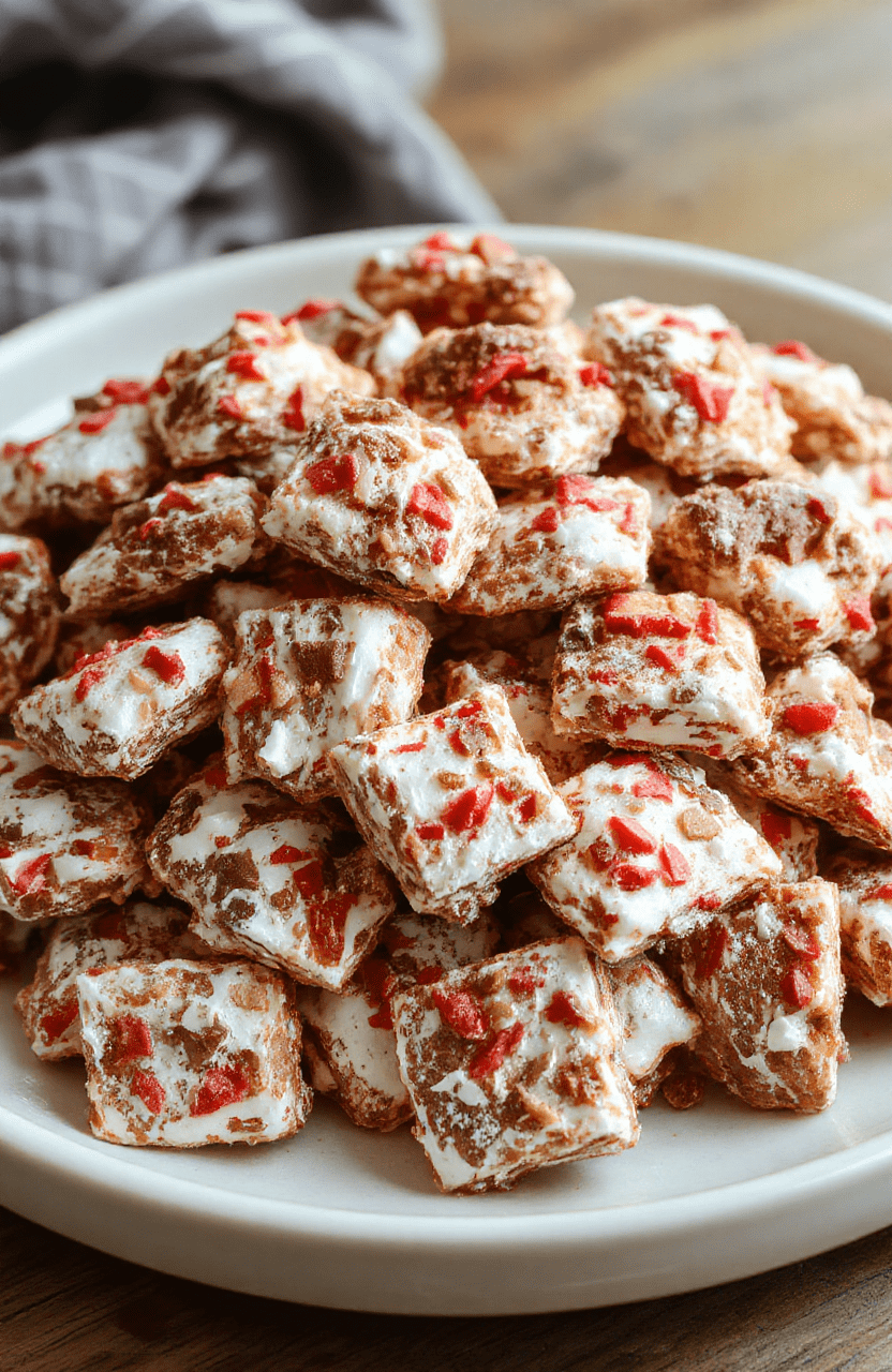 A colorful bowl of festive puppy chow coated in shiny pastel and chocolate-colored candies, sprinkled with red and green festive sprinkles. The snack is presented on a rustic white plate styled with holiday-themed decorations around it, highlighting the crunchy texture and vibrant colors, perfect for a holiday party or cozy winter gathering.