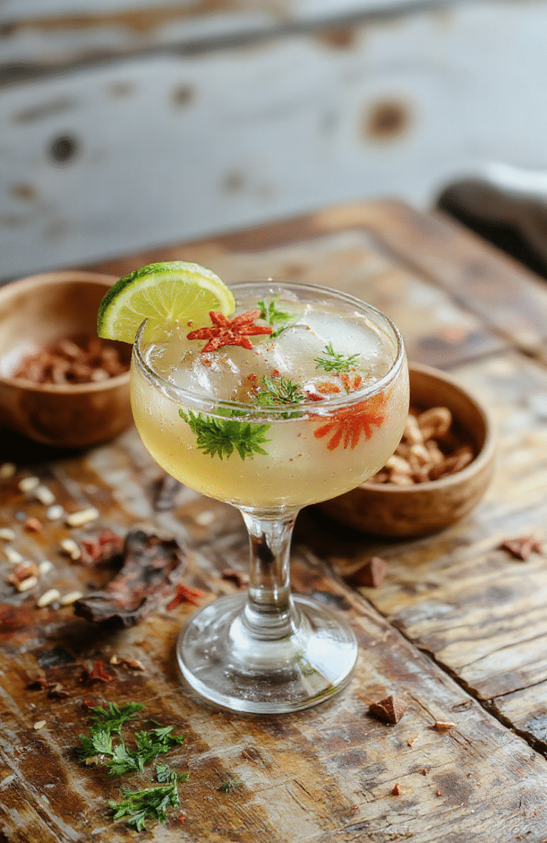 A vibrant glass of Festive Spiced Margarita with a salted rim, garnished with a cinnamon stick and orange wedge, set against a rustic wooden surface with holiday decorations in the background, showcasing a colorful swirl of red and orange hues, textured salt crystals, and a lightly frosted drink surface.