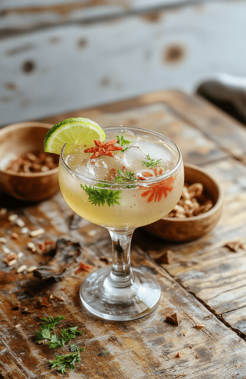 A vibrant glass of Festive Spiced Margarita with a salted rim, garnished with a cinnamon stick and orange wedge, set against a rustic wooden surface with holiday decorations in the background, showcasing a colorful swirl of red and orange hues, textured salt crystals, and a lightly frosted drink surface.