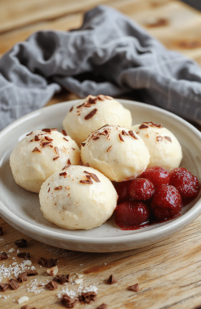 Heller Teller mit glänzenden Eierlikörkugeln, umgeben von Puderzucker, auf einem Holztablett, mit Goldakzenten und festlicher Dekoration, sommerlich und einladend