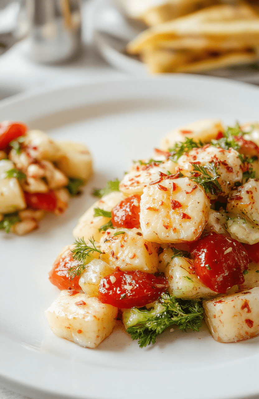Bunter Weihnachts-Salat auf einem weißen Teller mit frischen Salatblättern, Auster, Granatapfelkernen und Nüssen, alles kunstvoll arrangiert, unter natürlichem Licht, mit weihnachtlicher Dekoration im Hintergrund, appetitlich und frisch wirkend.