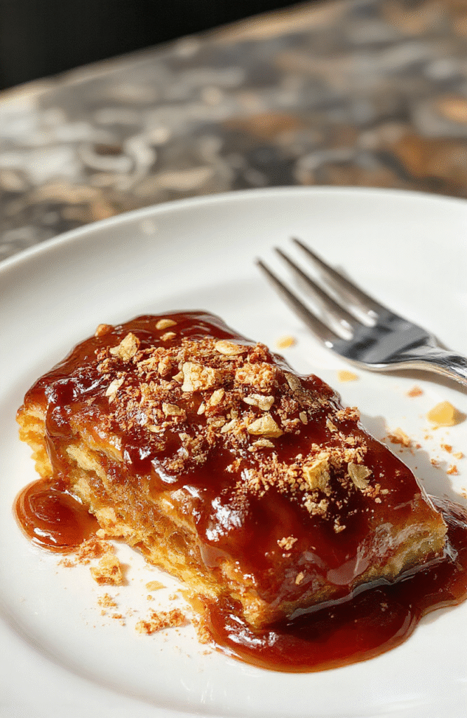 Dieses festliche Dessert zeigt schichtenweise gewürfelte Bratäpfel, umhüllt von cremiger Tiramisu-Konsistenz, dekoriert mit Karamell und zerbröselten Spekulatius. Die Präsentation ist elegant auf einem weißen Teller mit goldenen Akzenten, mit einer leichten Zimtstaubung oben, im warmen Licht fotografiert, das die warmen Farben betont.