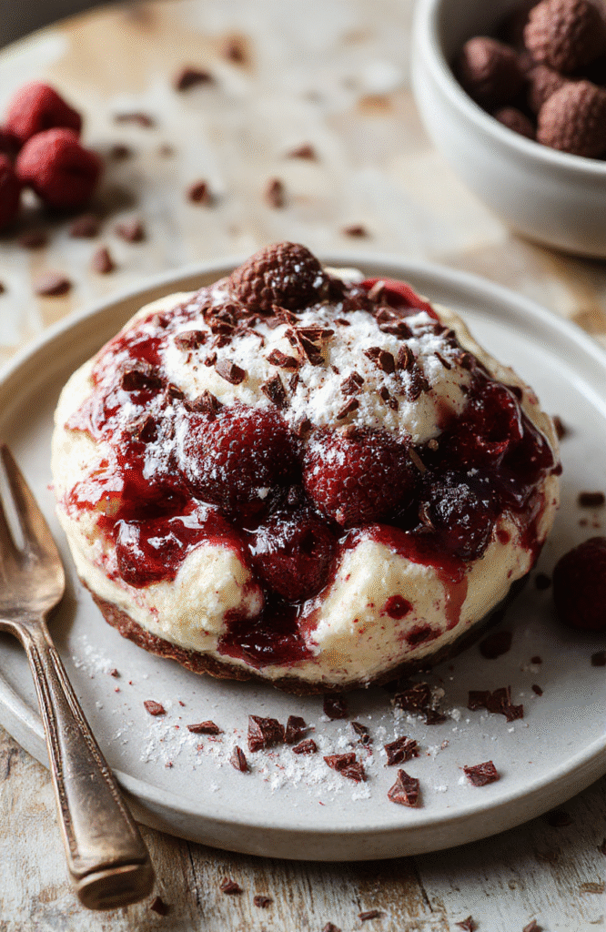 Bunte Schichtung aus cremigem Himbeerpüree, knusprigem Spekulatius und leichter Mascarpone auf einem weißen Porzellanteller, dekoriert mit frischen Himbeeren und Puderzucker, stilvoll angerichtet, mit einem sanften Licht und weichen Schatten