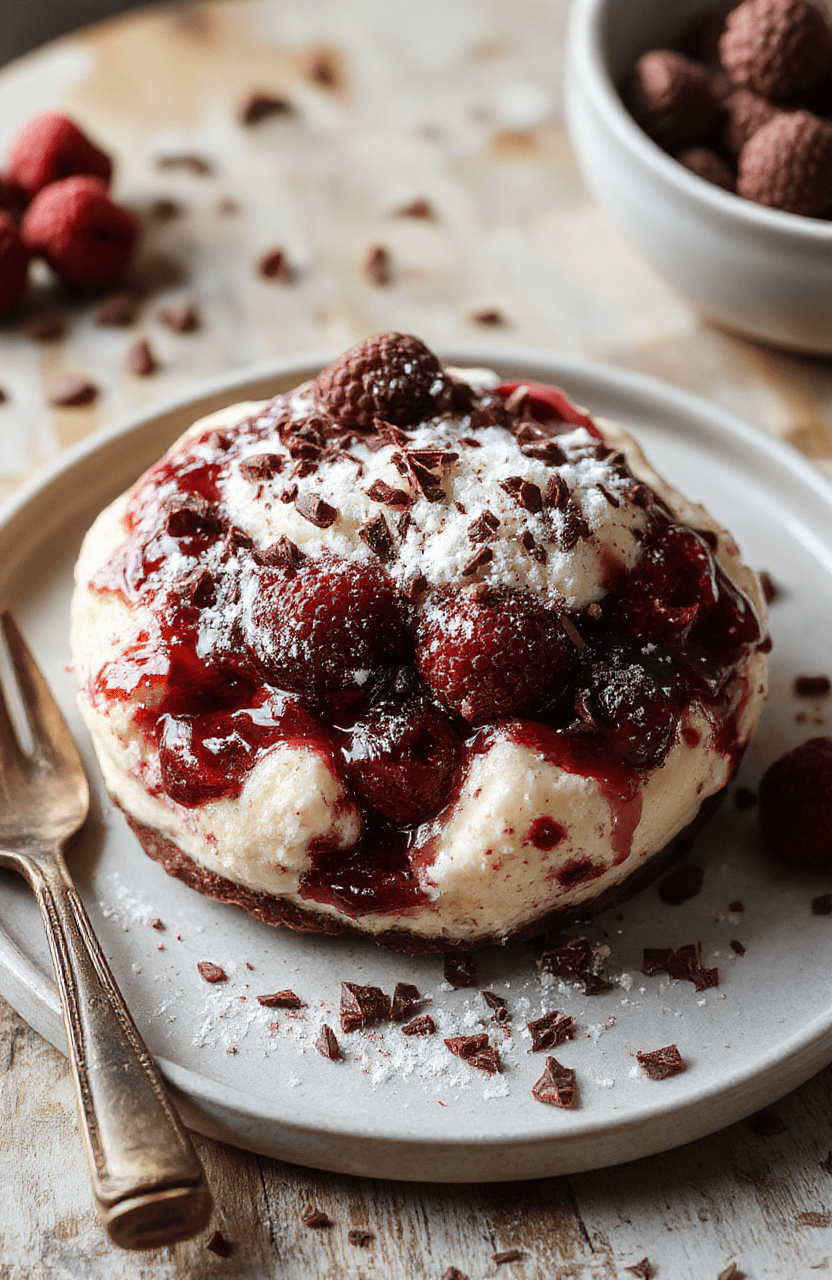 Bunte Schichtung aus cremigem Himbeerpüree, knusprigem Spekulatius und leichter Mascarpone auf einem weißen Porzellanteller, dekoriert mit frischen Himbeeren und Puderzucker, stilvoll angerichtet, mit einem sanften Licht und weichen Schatten