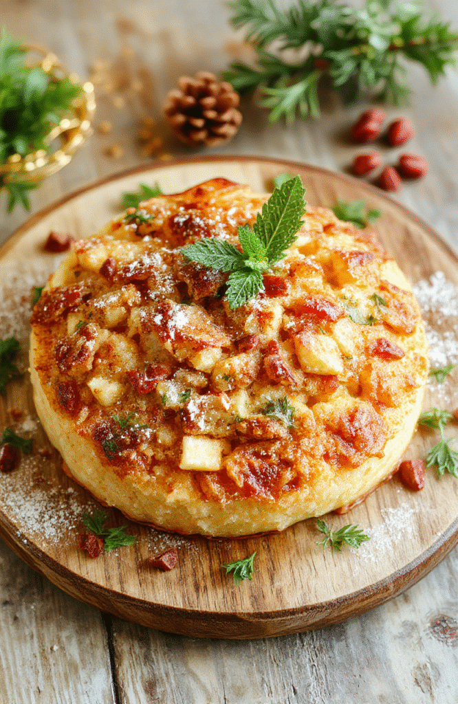 Bunter Weihnachtscrumble auf einem dekorativen Teller, mit goldbraunen Streuseln, frischen Beeren und Minzblättern, in weihnachtlicher Atmosphäre