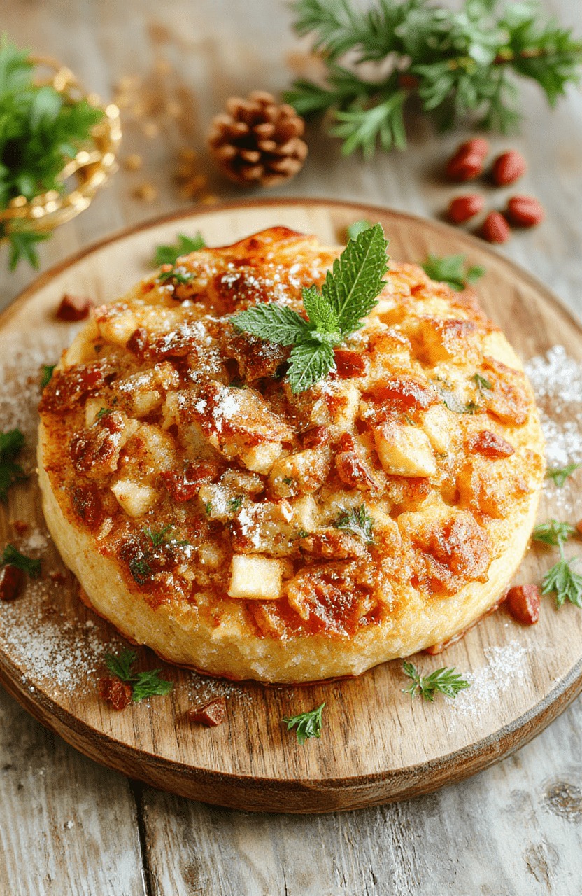 Bunter Weihnachtscrumble auf einem dekorativen Teller, mit goldbraunen Streuseln, frischen Beeren und Minzblättern, in weihnachtlicher Atmosphäre