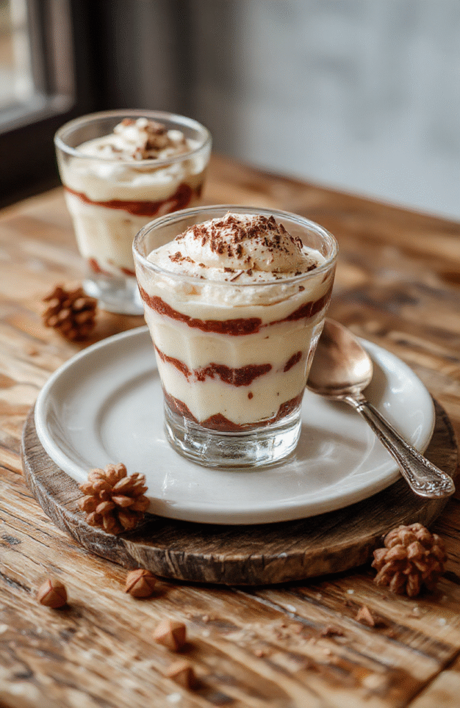 Ein elegantes Glas mit Schichten aus cremiger Mascarpone, Kaffeekochen und Kakao, verziert mit einer einzigen Minzblad und Schokospänen, auf einem festlich dekorierten Holztisch mit Weihnachtsdeko im Hintergrund, warmes Licht sorgt für eine einladende Atmosphäre.