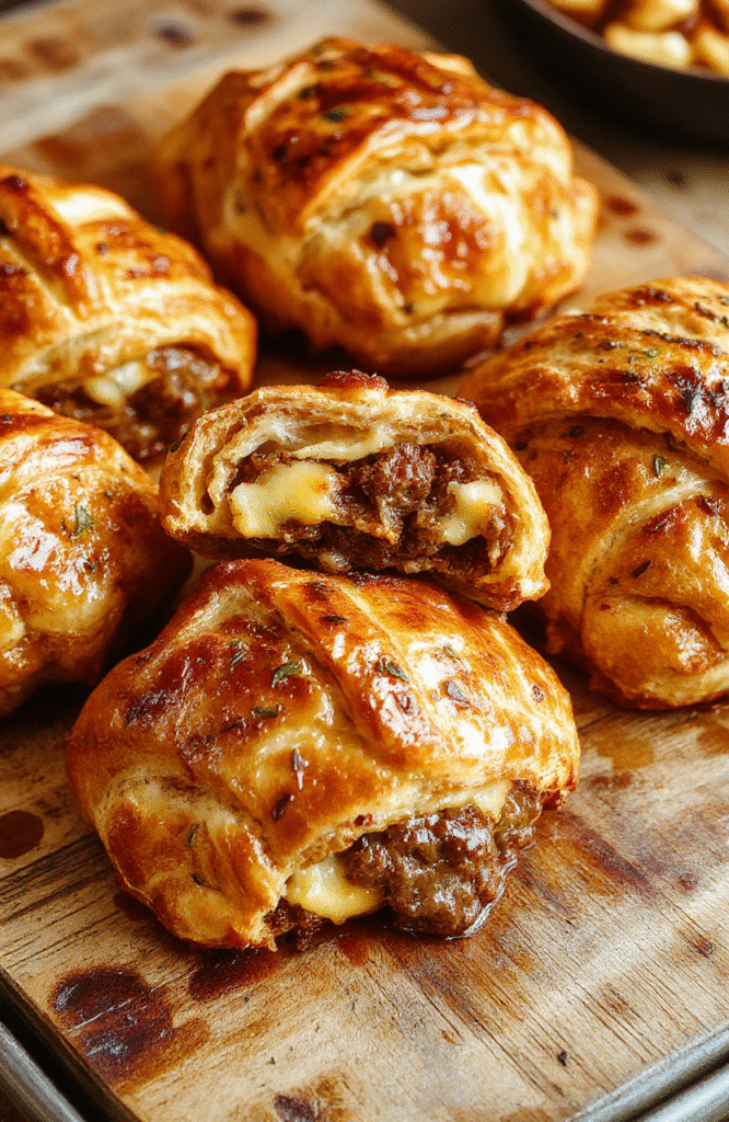 Golden-brown flaky croissants filled with tender beef and melted cheese, beautifully arranged on a rustic plate, with hints of steam and crispy layers visible, garnished with fresh herbs, styled for an inviting brunch presentation.