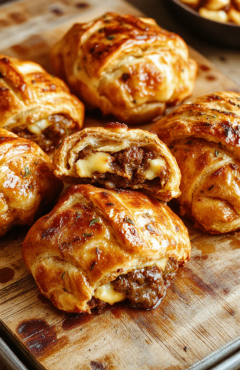 Golden-brown flaky croissants filled with tender beef and melted cheese, beautifully arranged on a rustic plate, with hints of steam and crispy layers visible, garnished with fresh herbs, styled for an inviting brunch presentation.