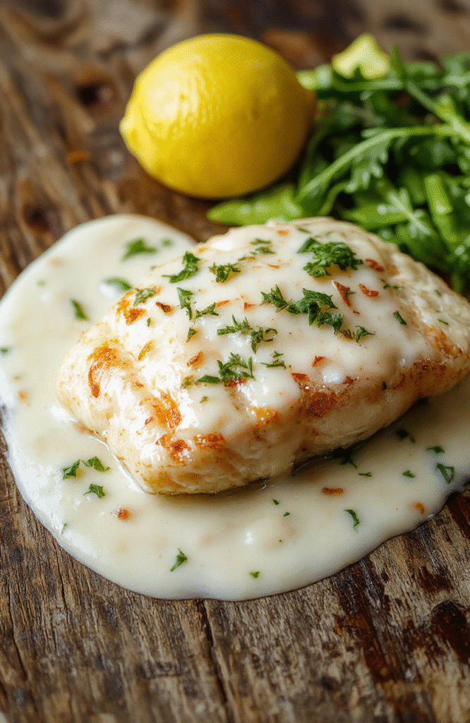 Golden baked cod fillets arranged on a white plate, topped with a creamy coconut lemon sauce, garnished with fresh herbs. The dish is beautifully plated with a lemon wedge on the side, showcasing the flaky texture of the fish and the vibrant yellow sauce, set against a stylish rustic wooden background.