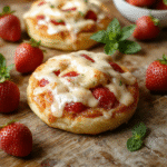 A golden-brown flaky Danish pastry filled with vibrant red strawberry slices and creamy cheese filling, topped with a light glaze. The pastry is elegantly plated on a neutral-colored wooden board, showcasing its layered texture and glossy finish. Fresh strawberries and mint leaves garnish the plate, reflecting freshness and inviting appeal.