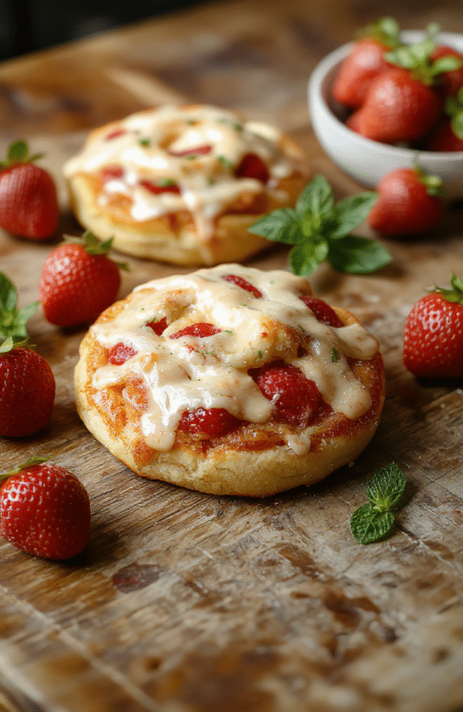 A golden-brown flaky Danish pastry filled with vibrant red strawberry slices and creamy cheese filling, topped with a light glaze. The pastry is elegantly plated on a neutral-colored wooden board, showcasing its layered texture and glossy finish. Fresh strawberries and mint leaves garnish the plate, reflecting freshness and inviting appeal.