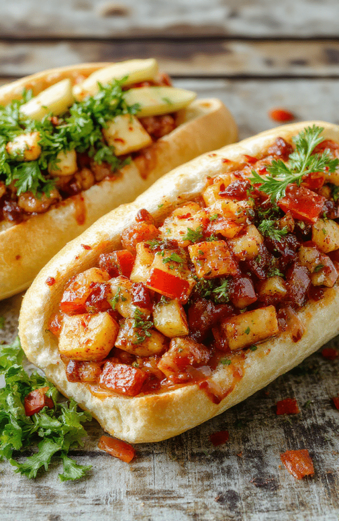 A vibrant chopped sub sandwich on a rustic wooden board, colorful toppings spilling out, toasted bun, fresh lettuce, tomatoes, cheese, and savory deli meats, styled simply for an appetizing look.