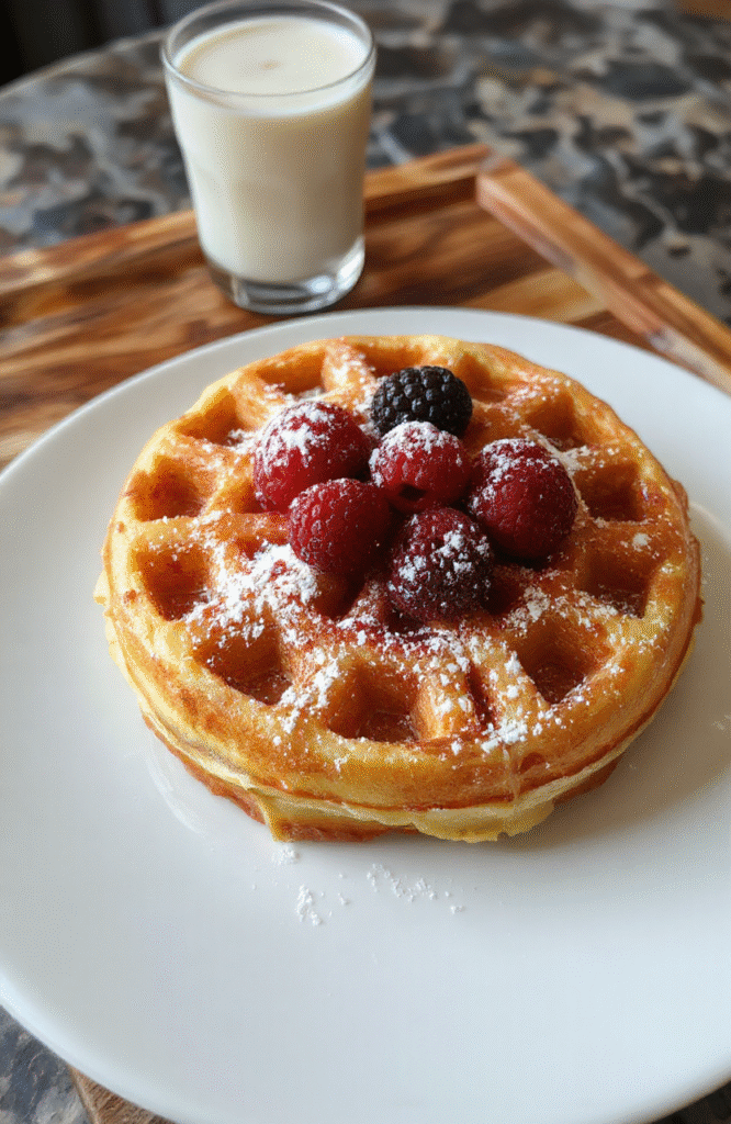 Helle, goldbraune Waffeln mit einer knusprigen Außenseite auf einem weißen Teller, garniert mit Puderzucker und frischen Beeren, serviert auf einem Holztablett, mit einer Gabel im Vordergrund, im Hintergrund ein Glas Milch.
