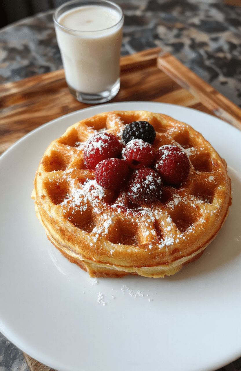 Helle, goldbraune Waffeln mit einer knusprigen Außenseite auf einem weißen Teller, garniert mit Puderzucker und frischen Beeren, serviert auf einem Holztablett, mit einer Gabel im Vordergrund, im Hintergrund ein Glas Milch.