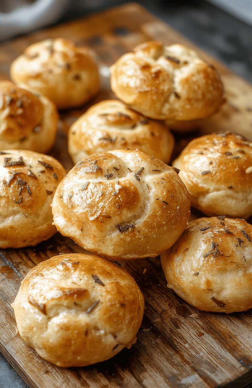 Golden fluffy garlic rolls arranged in a basket on a rustic wooden table. The rolls are topped with melted butter and minced garlic, with a hint of parsley for color. The texture appears soft and airy, with a lightly crispy crust. Freshly sliced open to show the soft interior, styled for a warm, inviting presentation that highlights their irresistible appeal.