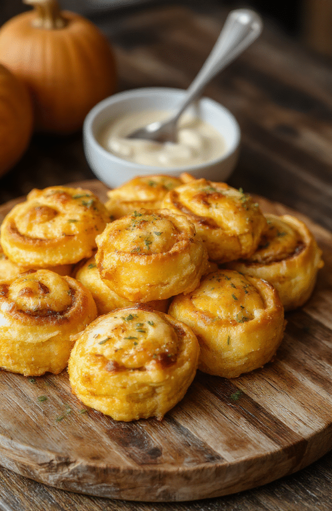A plate of fluffy pumpkin rolls baked to golden perfection with a light dusting of powdered sugar. The rolls are arranged on a rustic wooden plate, with some cut open to reveal a soft, spiced pumpkin filling. The background features warm autumn tones, with hints of cinnamon sticks and a small bowl of powdered sugar for garnish, styled simply for a cozy fall bakery scene.