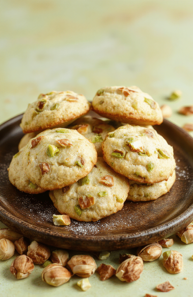 Colorful pistachio cookies with a light, airy texture arranged on a rustic plate. The cookies have a golden-brown edge and green pistachio pieces visible. Soft pastel-colored background enhances the spring vibe, with a few pistachio nuts scattered nearby for garnish. The presentation is simple yet elegant, emphasizing freshness and lightness.