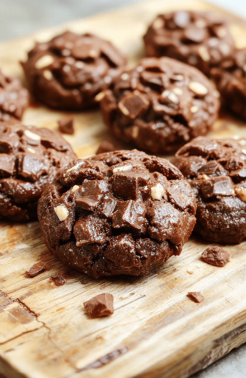 A close-up shot of fudgy chewy brownie cookies stacked on a rustic wooden platter, showcasing their glossy, chocolatey top and chewy texture, with a light dusting of powdered sugar and a few broken pieces revealing dense, moist interiors. The background features a neutral-toned table with soft natural light highlighting the rich chocolate color and inviting texture.