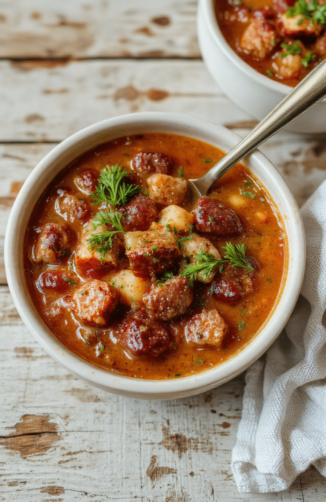 A warm bowl of hearty kielbasa soup with slices of kielbasa, vegetables, and herbs, served on a rustic wooden table with a cozy background, steam rising, and vibrant colors highlighting the rich broth and fresh ingredients.