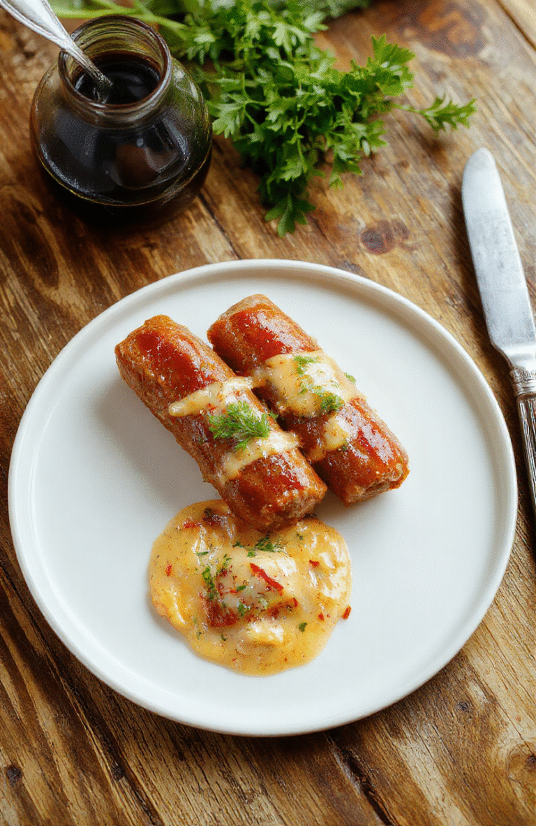 Bunte herzhafte Bratwurst auf einem weißen Teller, begleitet von goldener Zwiebelsoße, garnieren mit frischen Kräutern, rustikale Oberfläche, appetitlich und einladend