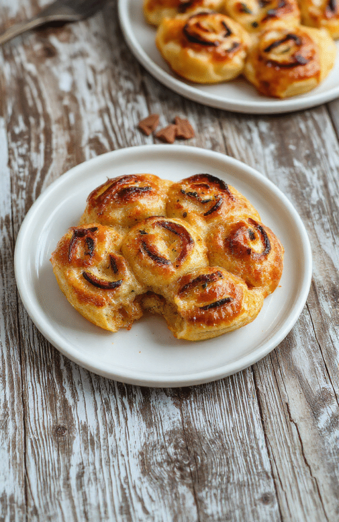 Bunte herzhafte Flammkuchen-Schnecken auf einem Holzbrett, mit goldbrauner Kruste, visibility of Zwiebeln, Speck und Sauerrahm, stilvoll angerichtet, im natürlichen Licht