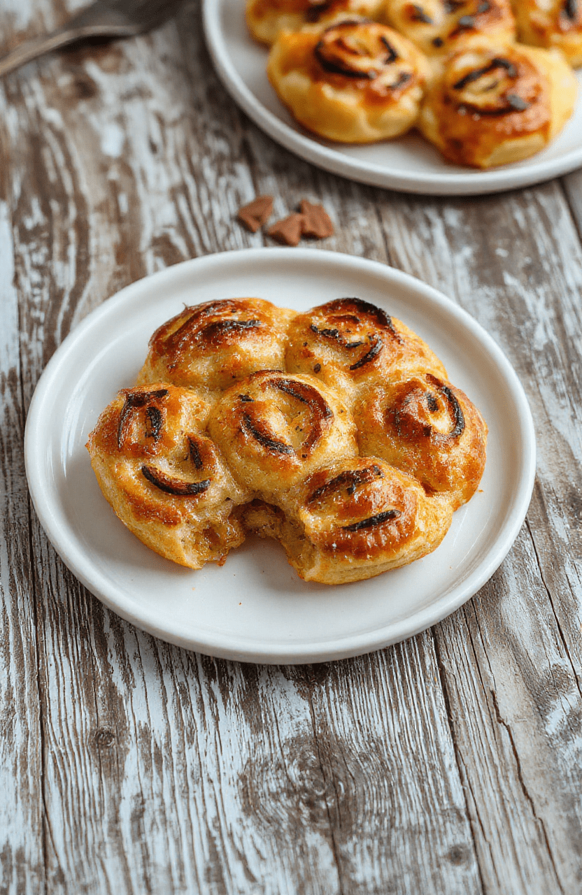 Bunte herzhafte Flammkuchen-Schnecken auf einem Holzbrett, mit goldbrauner Kruste, visibility of Zwiebeln, Speck und Sauerrahm, stilvoll angerichtet, im natürlichen Licht