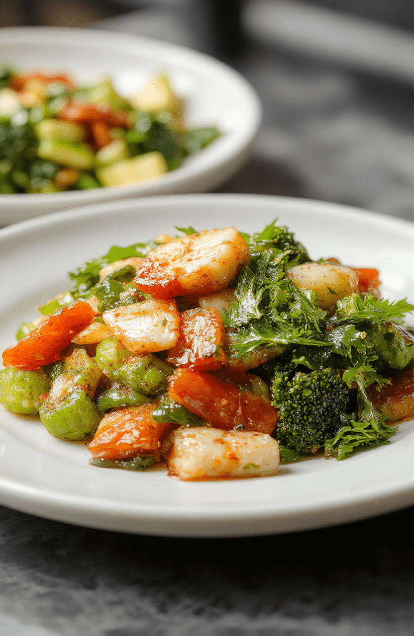 Bunte Gemüsepfanne auf einem weißen Teller, schön angerichtet mit Paprika, Zucchini, Karotten und roten Zwiebeln, garniert mit frischen Kräutern, sichtbar im natürlichen Licht, appetitlich und frisch präsentiert