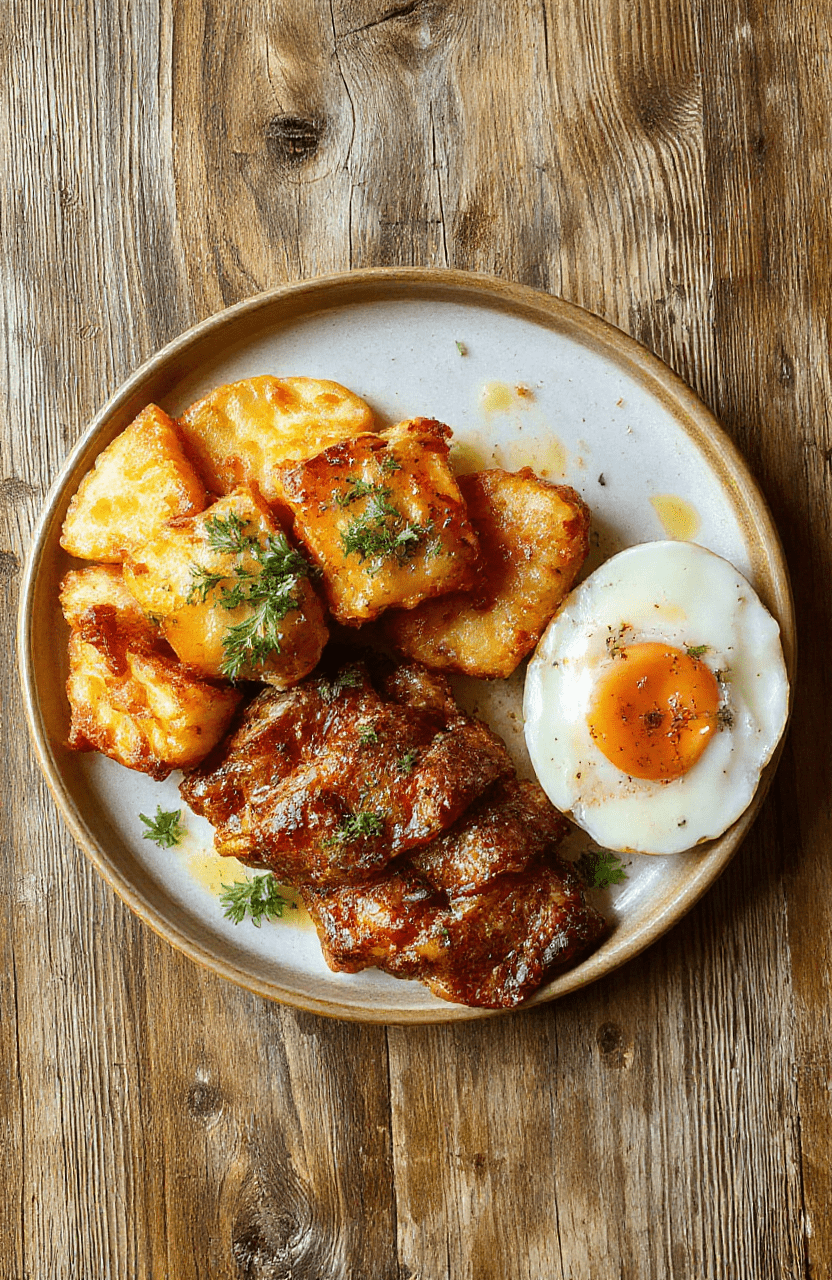 Bunter Schmorkohl mit Hackfleisch auf einem weißen Teller, serviert mit frischen Kräutern, glänzend und saftig, umgeben von rotem Kohl, Kartoffeln und Zwiebeln, stilvoll angerichtet, Augefangendes Gericht mit appetitlicher Textur