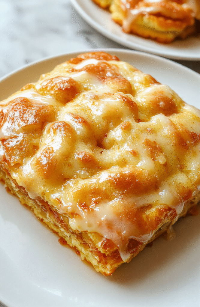 Himmlisch zarte Puddingplätzchen auf einem weißen Teller, mit einer goldbraunen Kruste, dekorativ angeordnet, die Oberfläche leicht glatt mit einem zarten Zuckerguss, im Hintergrund unscharf eine Teekanne und Tassen, warme Beleuchtung, gemütliche Atmosphäre