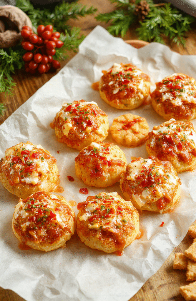 Himmlische Engelsaugen auf einem eleganten weißen Teller, die mit Zartbitterschokolade gefüllt sind, umgeben von Weihnachtsdekoration, mit einer glänzenden Glasur und bräunlicher Textur, stilvoll angerichtet