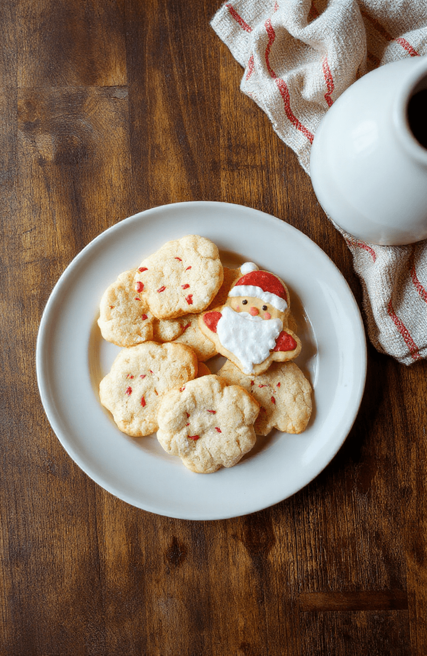 Bunte Weihnachtsplätzchen in Form von Weihnachtsmännern, weich und knusprig, mit Zuckerguss und bunten Streuseln, auf einem hellen Holzbrett angerichtet, festliche Stimmung, detailreiche Textur