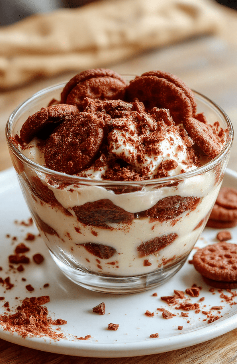 Ein ansprechend angerichtetes Spekulatius-Tiramisu in einer transparenten Glas- oder Keramikschale, mit cremiger mascarpone-Schicht, dekoriert mit Spekulatius-Keksen, Zimt und Kakaopulver, in warmen Tönen gehalten, auf einem Holztisch im weichen natürlichen Licht präsentiert