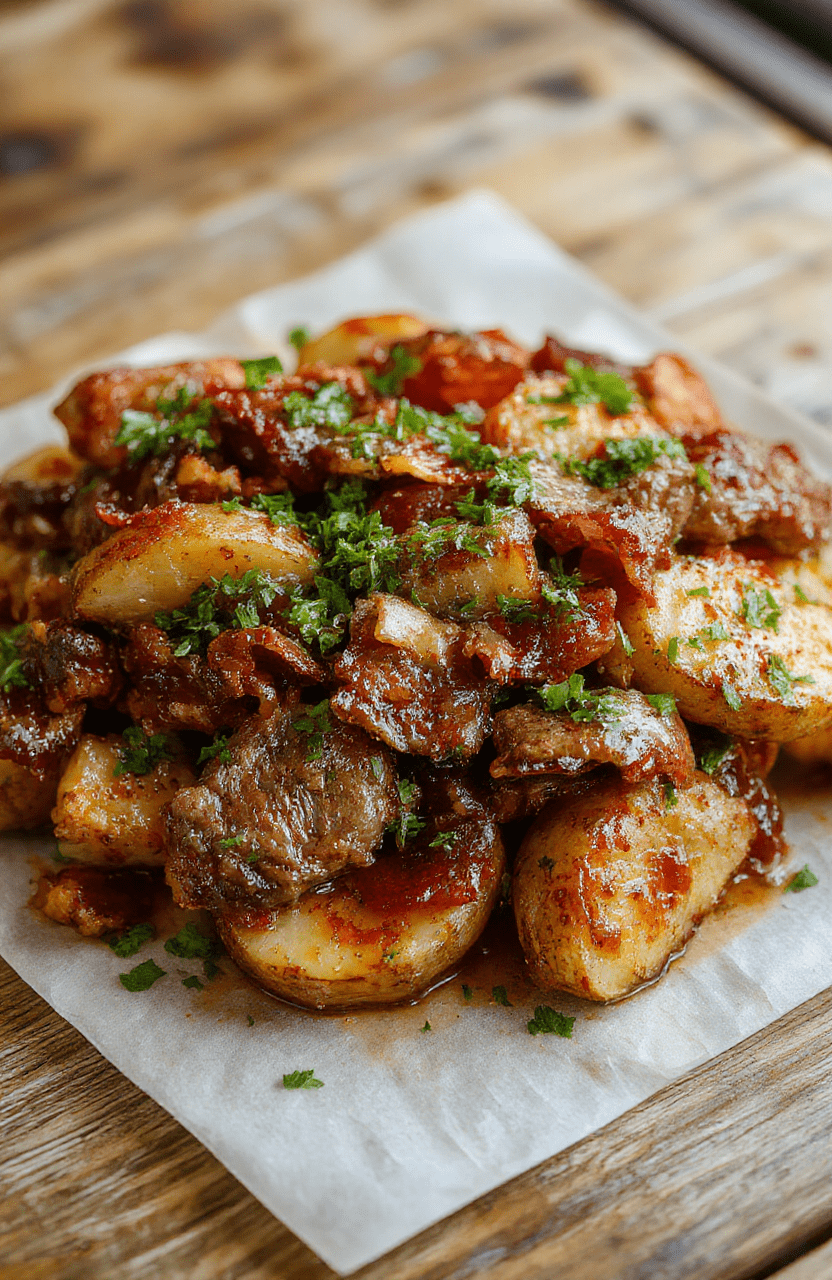 Colorful plate of crispy roasted potatoes topped with slices of tender beef and crispy bacon, garnished with fresh herbs, styled on a rustic wooden table with vibrant natural daylight, showcasing textures and golden hues.