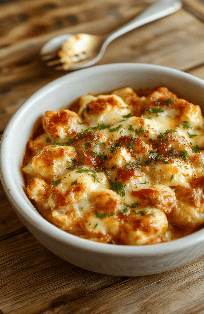 Ein cremiger Käse-Gnocchi Auflauf in einer ofenfrischen, goldbraunen Oberfläche mit geschmolzenem Käse, serviert auf einem weißen Teller, umgeben von frischen Kräutern, mit einer knusprigen Kruste und zarten Gnocchi, stilvoll angerichtet.