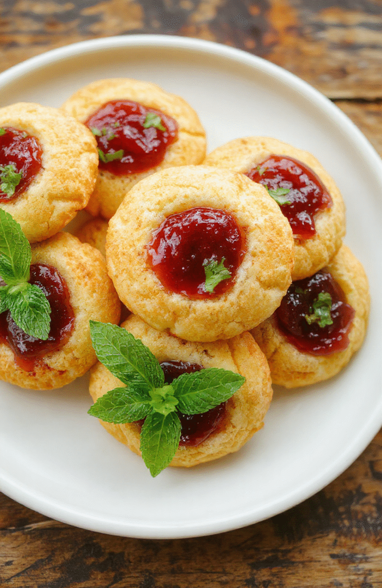 Bunte Engelsaugen auf einem weißen Teller, mit goldbraunen Butterkeksen, gefüllt mit roter Fruchtmarmelade, frische Minzblätter als Dekoration, im natürlichen Licht fotografiert, appetitlich und einladend.