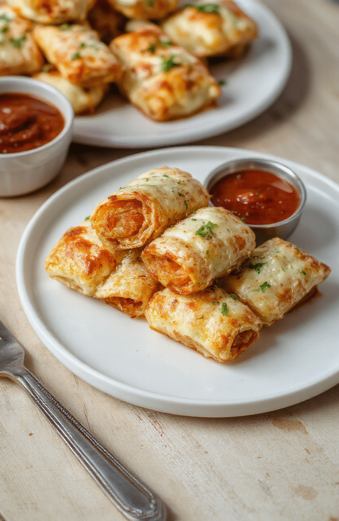 Knusprige Pizzarollen in goldbrauner Farbe auf hellem Teller, gefüllt mit geschmolzenem Käse und köstlicher Tomatensoße, dekorativ mit frischem Basilikum, crispy Außenhaut, appetitlich angerichtet