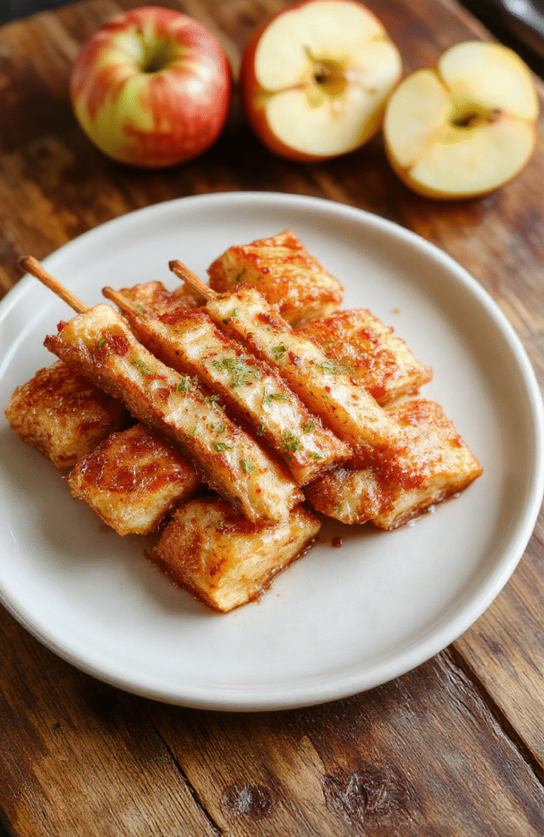 Knusprige Apfelsticks mit goldener Kruste, angerichtet auf einem weißen Teller mit Zimt bestäubt, mit einer Zimtstange und frischen Apfelscheiben im Hintergrund, helles Licht, natürliche Farben, appetitlich und einladend.