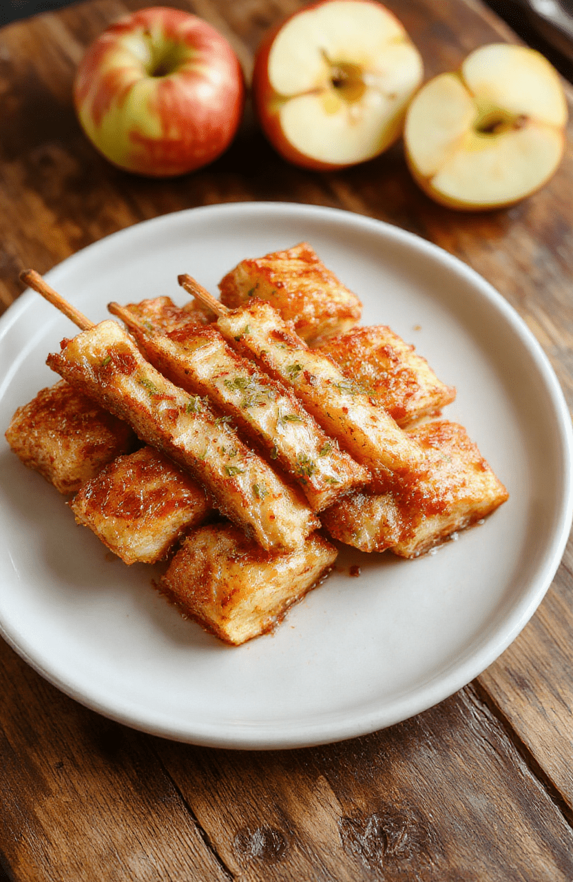 Knusprige Apfelsticks mit goldener Kruste, angerichtet auf einem weißen Teller mit Zimt bestäubt, mit einer Zimtstange und frischen Apfelscheiben im Hintergrund, helles Licht, natürliche Farben, appetitlich und einladend.