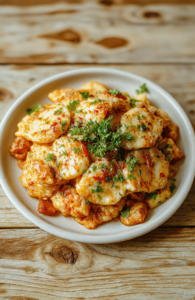 Knusprige Hähnchenstreifen auf einem weißen Teller, goldbraun und knusprig, mit einem dip und frischen Kräutern garniert, serviert auf einem Holztablett, appetitlich und einladend, natürliche Beleuchtung
