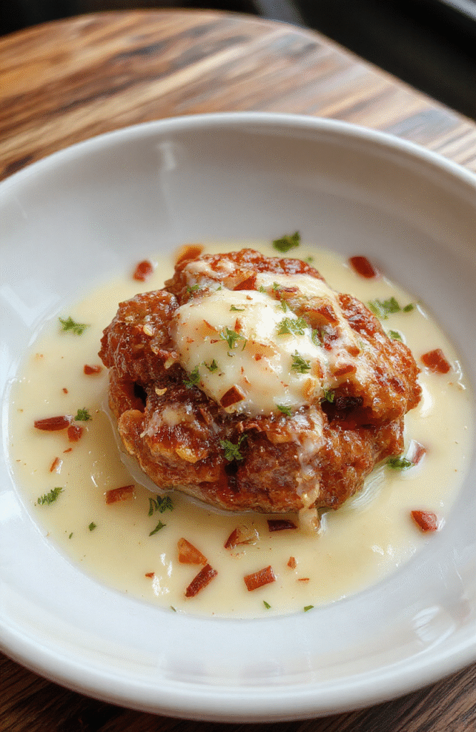 Knusprige Haselnussmakronen auf einem weißen Teller, goldbraune Oberfläche, zarte Textur, mit Haselnüssen und Zuckerguss dekoriert, variiert in Größe und Form, schön angerichtet mit weihnachtlicher Dekoration im Hintergrund.