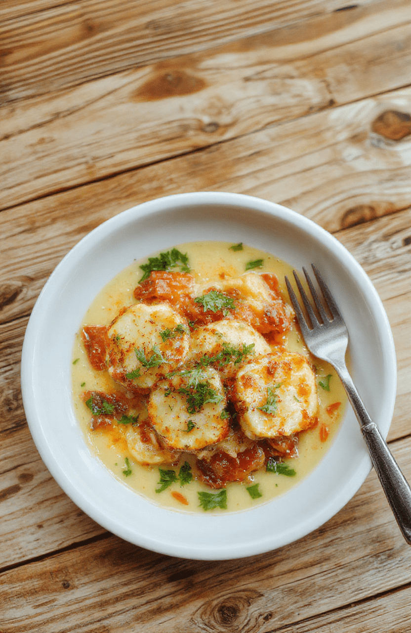 Goldbraune, knusprige Kartoffelspalten auf einem weißen Teller, garniert mit zerdrücktem Knoblauch und frisch geriebenem Parmesan, mit zartem Biss und knuspriger Textur.