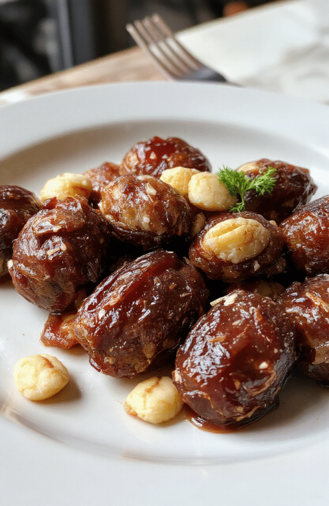 Bunte knusprige Mandel Pralinen auf einem weißen Teller, umgeben von grob gehackten Mandeln und geschmolzener Schokolade, mit einem samtigen Glanz, auf einem hellen Holztisch stilvoll platziert
