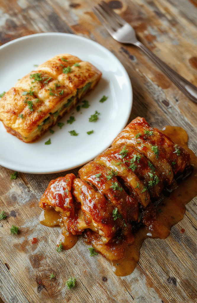 Drei knusprige Speck-Bohnen-Päckchen auf weißem Teller, umgeben von frischen grünen Bohnen, knusprigem Speck und frischen Kräutern, elegant angerichtet, mit goldfarbenem Gebäck, das knusprig glänzt und matschige Texturen vermeidet.