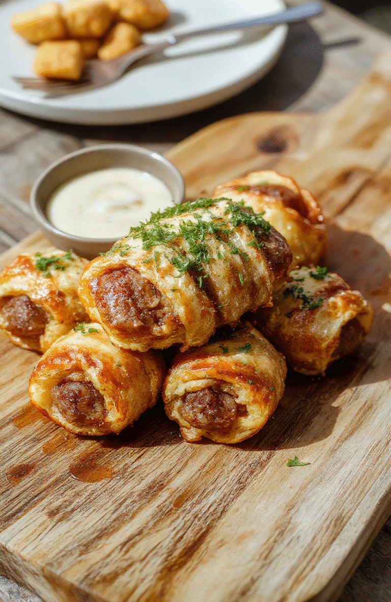 Bunte Würstchen in knusprigem Teig eingewickelt, goldbraun gebacken, serviert auf einem Holzbrett mit Senf und Kräutern, appetitlich präsentiert.