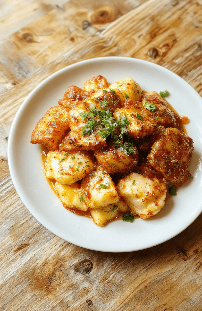 Knuspriger French Toast auf einem weißen Teller, goldbraun gebacken, mit Puderzucker bestäubt, serviert mit frischen Beeren und Minzblättern, alles auf einem hellen Holztisch mit natürlichem Licht