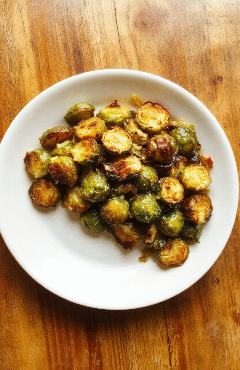 Knuspriger gerösteter Rosenkohl auf einem weißen Teller, goldbraune Röschen mit leicht verbrannten Rändern, frisch gewürzt, im Hintergrund eine rustikale Holzplatte, natürliches Licht